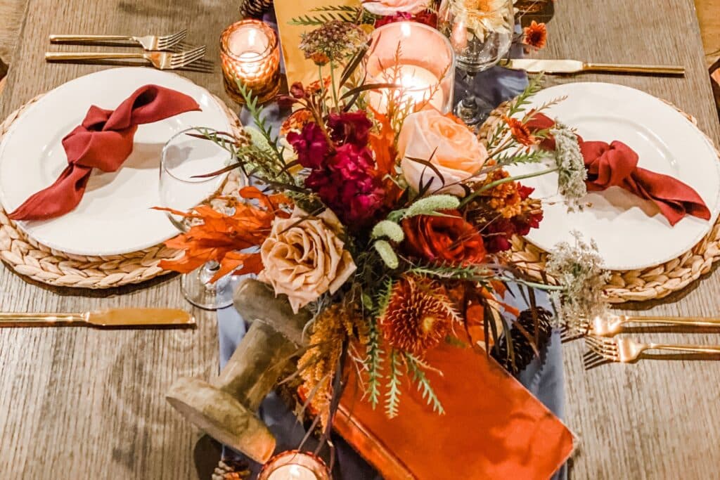 6 Easy Steps to Create the Perfect Thanksgiving Table Design, floral designs and Thanksgiving table design - fall harvest table setup closeup