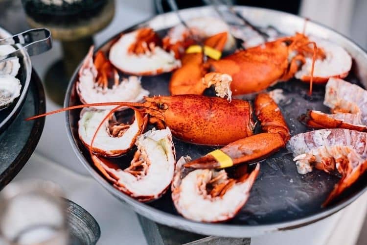 Helen and Chris: A Micr owedding in Lancaster PA- An array of seafood including shrimp, crawfish and crab legs displayed over ice.